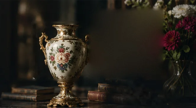 A hand-painted porcelain urn with gilt handles among old books, red and white flowers behind it.