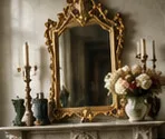 A gilt mirror and candlesticks on a mantel.