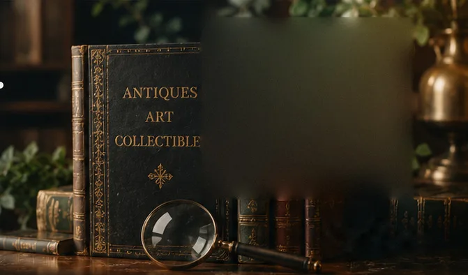 Old leather-bound books, one titled Antiques, Art, Collectibles, with a brass magnifying glass in front.