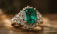 An emerald ring set with diamonds.