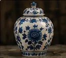 A blue-and-white lidded ginger jar.